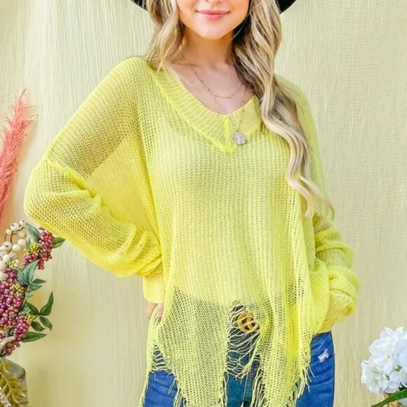 And The Why Distressed Mesh V Neck Spring Sweater Cover Up - Picture 3 of 9